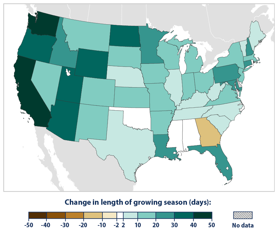 Map showing the changes in the length of the growing season for the contiguous 48 states from 1895 to 2023.