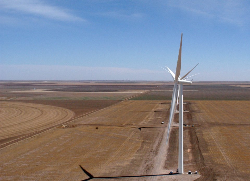 An aerial image of a wind farm.