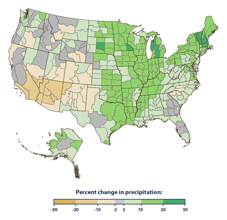 Color-coded map showing the percent change in precipitation across the United States from 1901 to 2023.