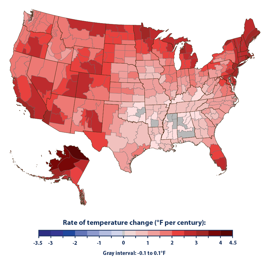 Color-coded map showing how average air temperatures changed across the United States from 1901 to 2023.