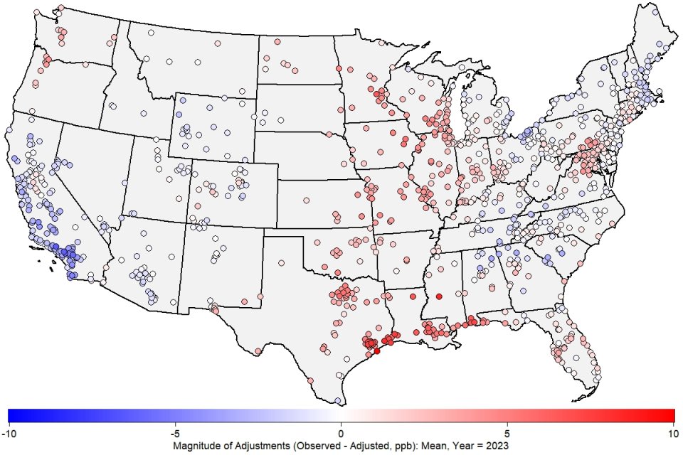 Map of 2023 met-adjusted mean ozone concentrations