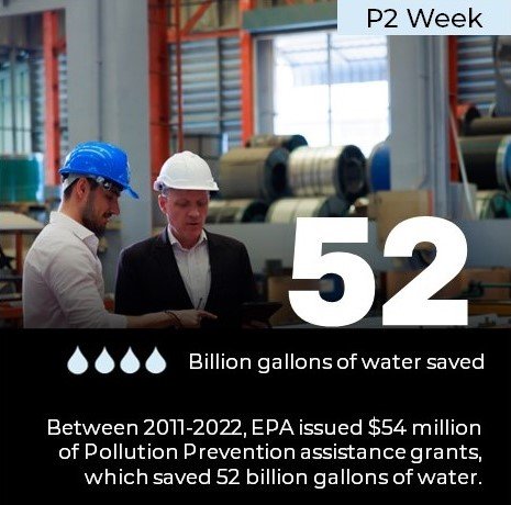 Photo showing workers in an industrial facility and how P2 saves businesses money while preventing pollution.