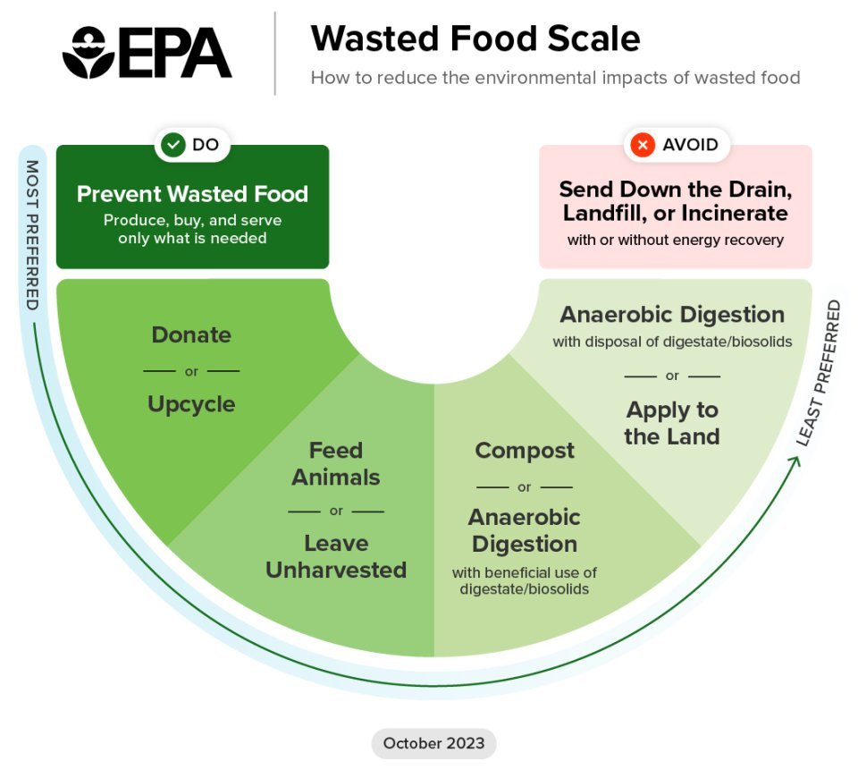 A graphic showing how to reduce the impact of wasted food