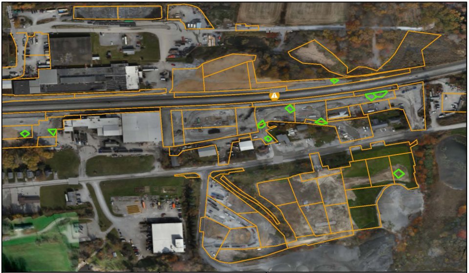 Aerial view map of the site with lines drawn to show the boundaries of the work areas being sampled.