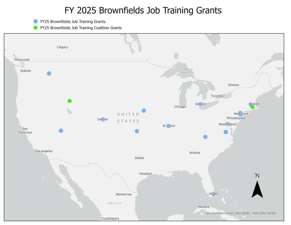 Image of a map showing the locations of all 16 Brownfields Job Training selected applicants