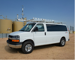 White van outside by a factory.