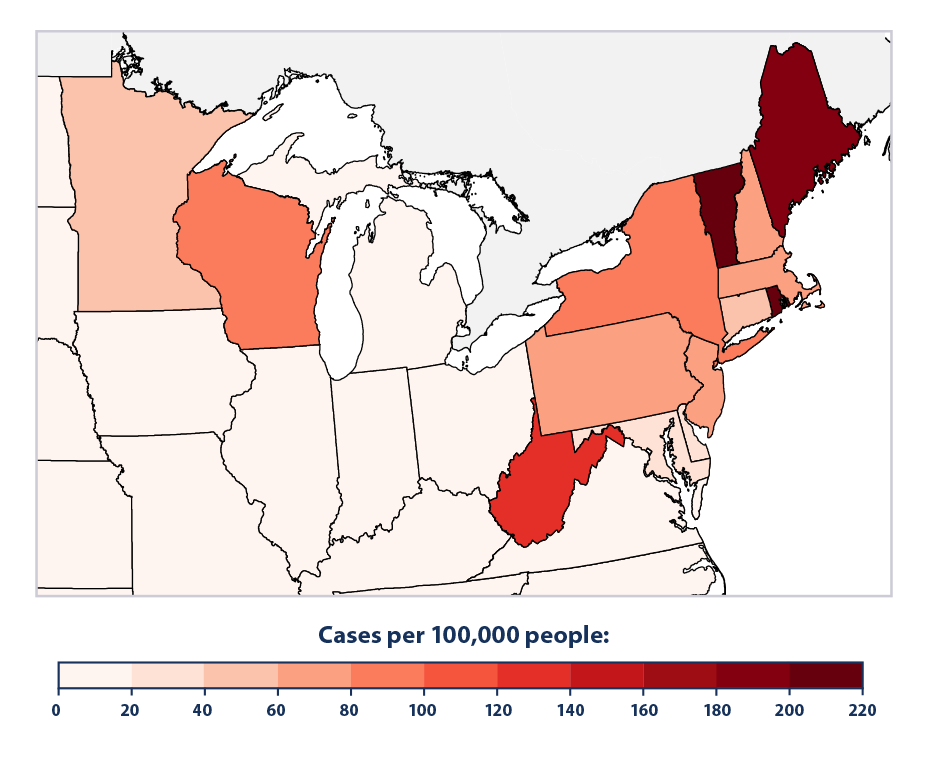 Map of the Northeast and Upper Midwest, with each state shaded to indicate the incidence of Lyme disease in 2022.