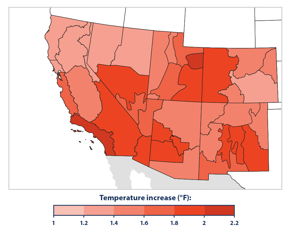 Map showing how the average air temperature from 2000 to 2023 in six southwestern states differed from the long-term average.