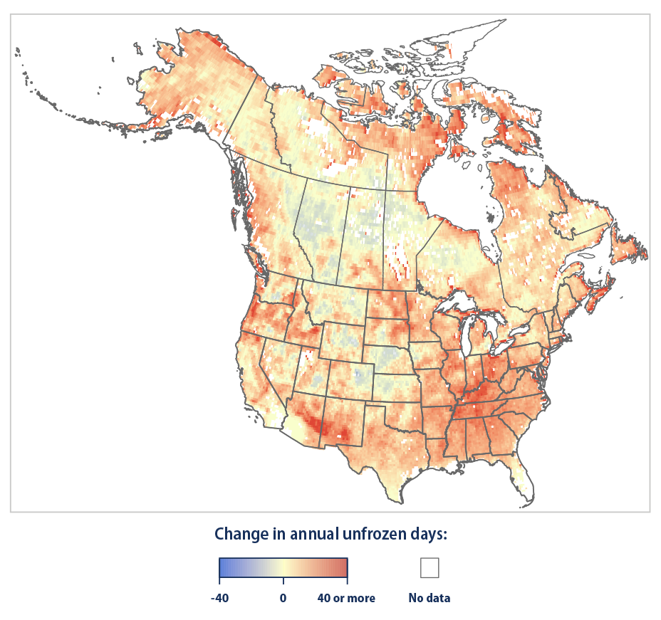 Map showing change in number of annual unfrozen days in North America from 1979 to 2023.