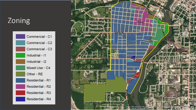 Image depicting an example of a zoning map showing areas zoned for specific development types such as residential and commercial.