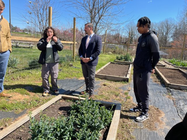 People are seen standing near a garden bed.