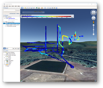 Updated three-dimensional RETIGO visualization. This layer shows a virtual landscape with multiple points of monitored PM2.5.