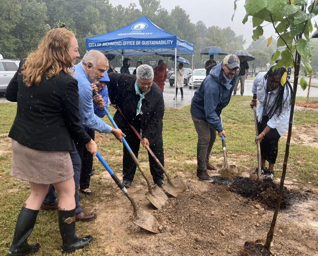 EPA Mid-Atlantic Regional Administrator Adam Ortiz participates in a ceremonial tree planting event in recognition for Richmond's Cool the City initiative on Sept. 18, 2024. 