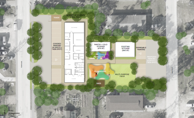 This image is a birds-eye perspective of a planned resilience hub in Fort Myers, Florida that provides schematics for food storage, a kitchen, a playground, a field, a shed, permeable parking, shaded parking, and a picnic area.