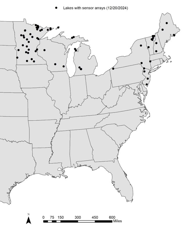 Figure 2. Circles show Lake RMN sites as of 12/20/2024. Implementation of the lake RMNs began on a limited basis in 2018.