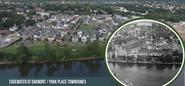 Before and after of a riverfront location. Before is the site of Edgewater Steel Company with factory buildings. After is a residential area with homes.