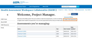 Illustration of where the links is in HAWC to create a new assessment