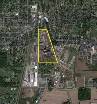 Approximate boundaries of the Nucor site are shown in yellow