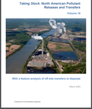 Cover of CEC's 2023 Taking Stock report showing an industrial facility along a river