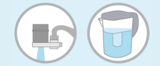 Two types of point-of-use filters are shown: a filter that attaches directly to the faucet, and a filtering pitcher.