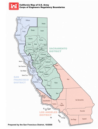 Map showing borders of the USACE San Francisco District, which runs primarily from Northern California along the coast to San Luis Obispo.