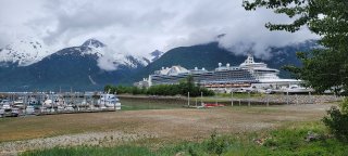 A cruise ship docked in Skagway, Alaska. 