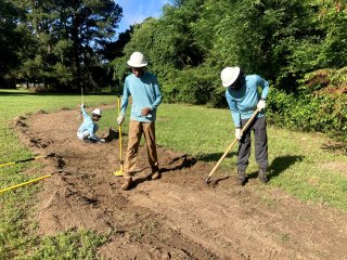 Community members planting  seeds.