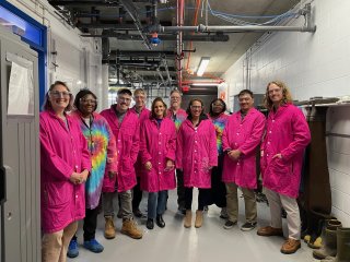 Cotton lab coats are required in the microplastics lab to prevent plastic fibers from clothes shedding inside the lab environment.