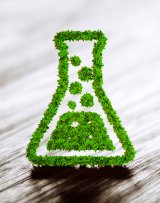 Icon depicting green chemistry with leaves coming out of a beaker